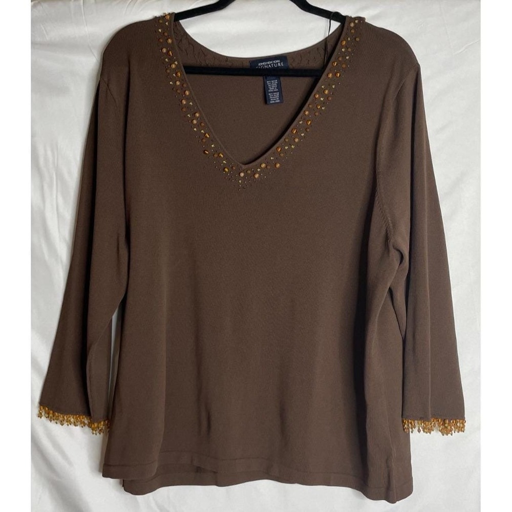 Jones New York Womens 2X Sweater Top Brown Beaded V Neck 3/4 Sleeve Knit Chic